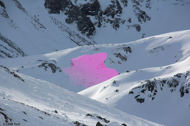 Lastrone di neve spontaneo del 22.02., causato da neve ventata. Stiergschwetz. Alpi dello Stubai settentrionali. 2400 m, nord (Foto: 24.02.2022)