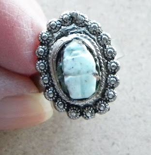 Stone scarab ring Egyptian in blue and silver