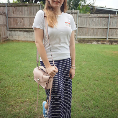 awayfromblue Instagram | Jimmy Rees Pfiiiiizer darling vaxed tee with navy stripe maxi skirt blus Rebecca Minkoff Darren bag converse
