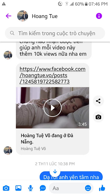 Khách hàng gửi link video qua fanpage giao diện điện thoại