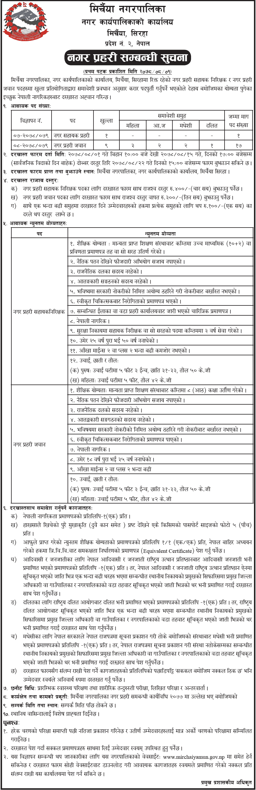 Mirchaiya Municipality Vacancy for Nagar Prahari Jawan and Nagar Sahayak Prahari