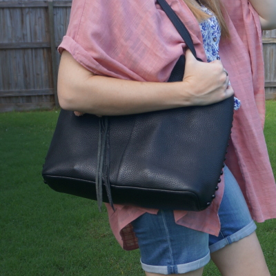 Rebecca Minkoff medium unlined tote in black with shellac studded dome hardware with jeanswest polly kimono in dusty pink