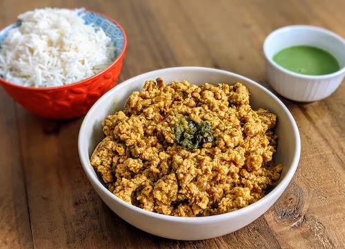 Chicken keema with basmati and mint cilantro chutney