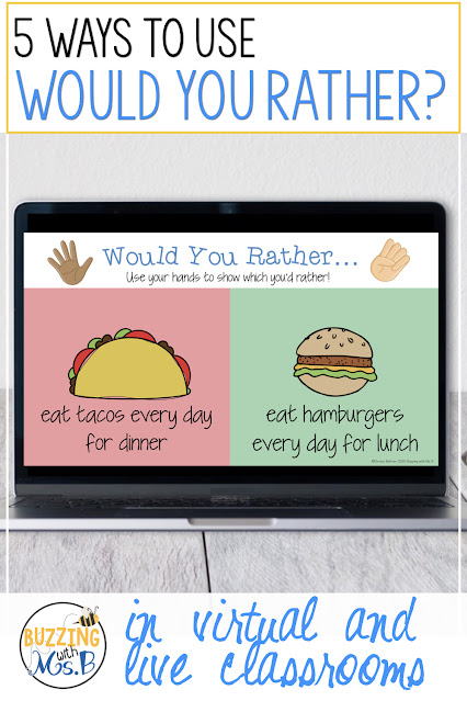 Would you rather slide image from TpT product with a picture of a taco and hamburger the "5 WAYS TO USE WOULD YOU RATHER? in virtual and live classrooms"