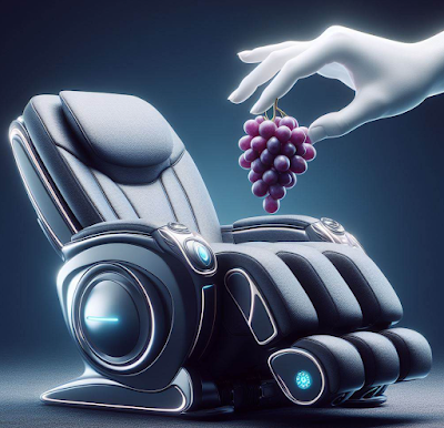 AI generated image of a luxurious chair with a hand to feed you grapes like a sultan