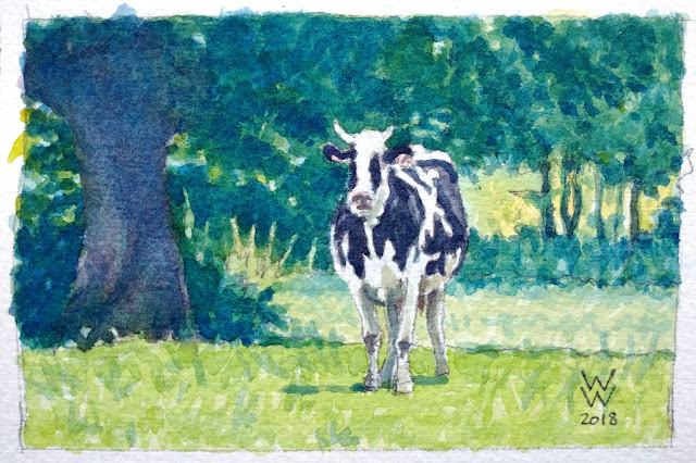 A watercolour of a Prim'Holstein cow under a tree, entitled "Seule sous l'arbre," by William Walkington in 2018