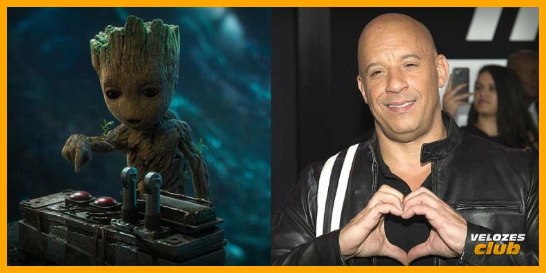 Do lado esquerdo temo o personagem Groot do filme Guardiões da Galáxia e do lado direito temos o ator Vin Diesel sorrindo e fazendo um formato de coração com as mãos