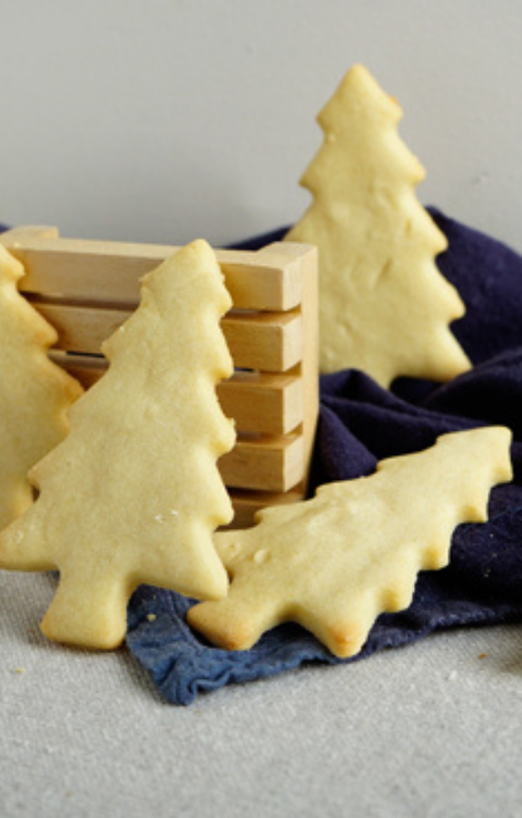 Shortbread cookie displayed on blue backdrop.