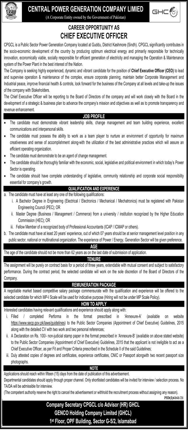 Central Power Generation Company Limited CEO Jobs 2022