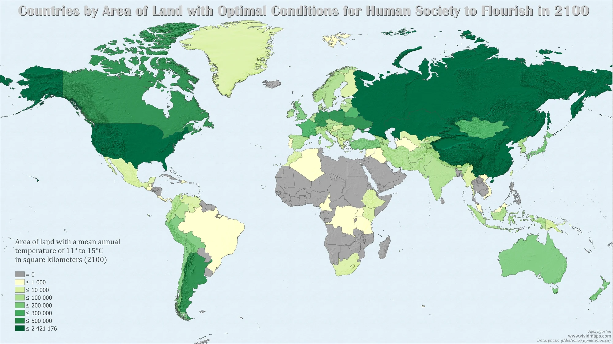 Countries by area of land with optimal conditions for human society to flourish in 2100