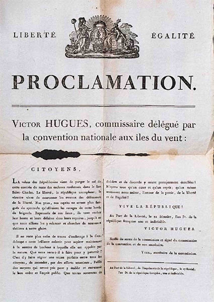 Imagen 532A | Proclamación de la abolición de la esclavitud por Victor Hugues en Guadalupe, 1 de noviembre de 1794 | Dominio público / anónimo