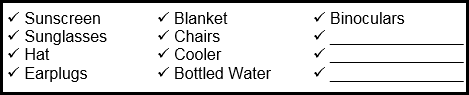 Checklist of items (sunscreen, sunglasses, hat, earplugs, blanket, chairs, cooler, bottled water, binoculars) to bring to Chicago Air and Water Show