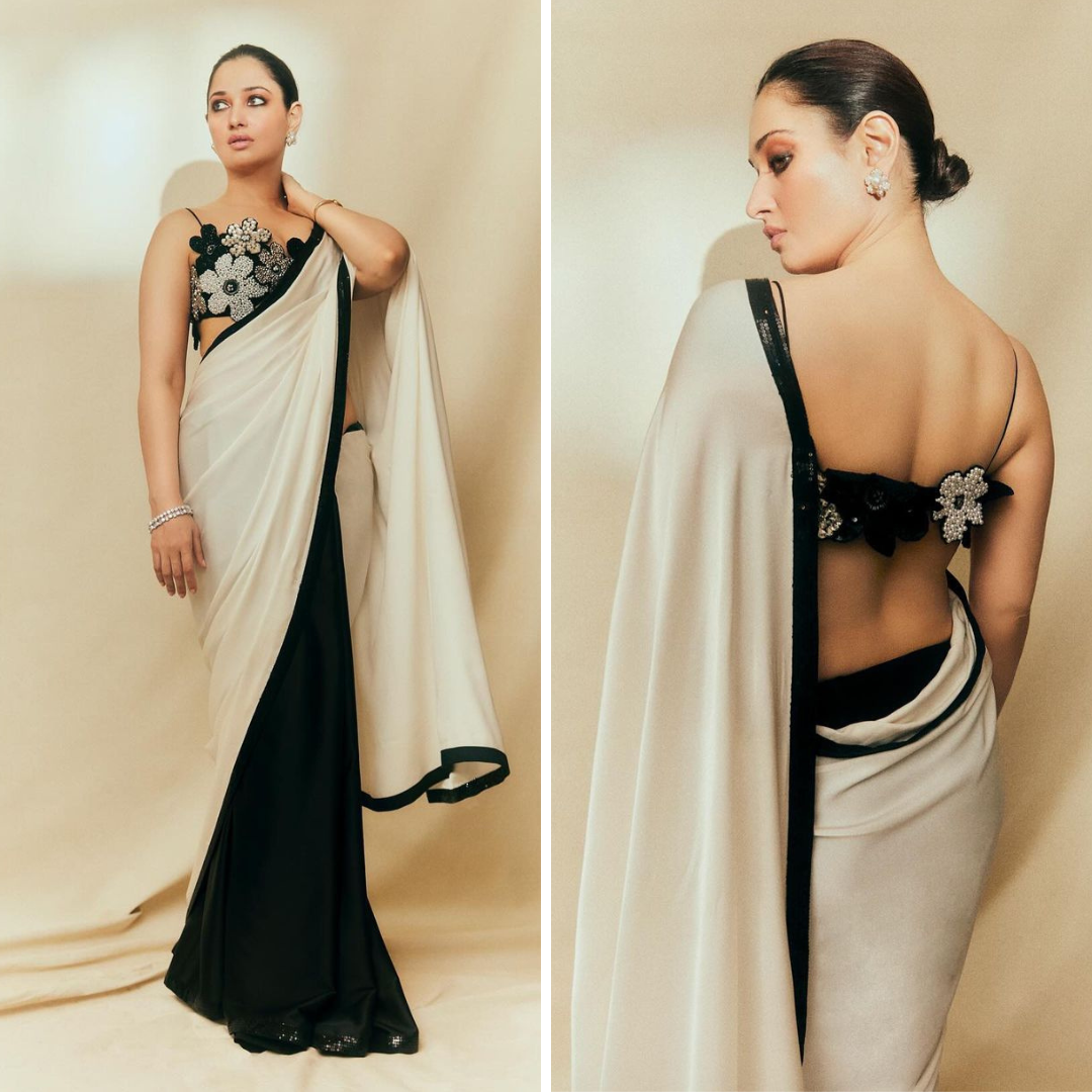 Milky Beauty Tamannaah Bhatia flaunts in a Floral Backless Blouse paired with a Black and White Saree