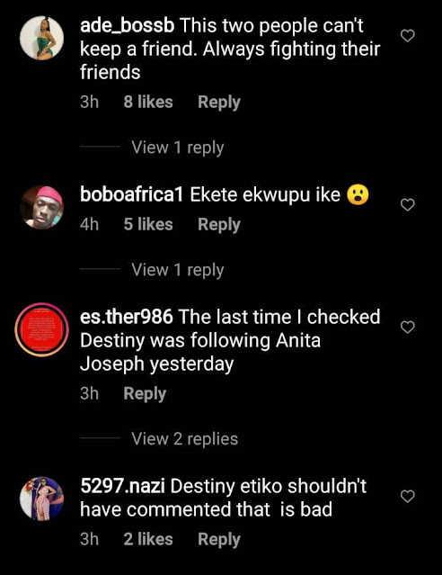 Nigerians reacts as Destiny Etiko and Anita Joseph unfollows each other on Instagram