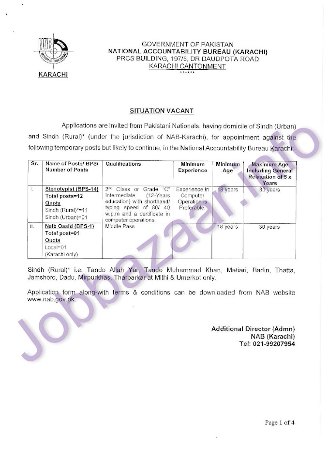  National Accountability Bureau (NAB) Karachi Jobs 2022-Application Form