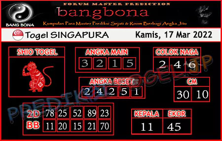 Prediksi Bangbona SGP Kamis 17 Maret 2022