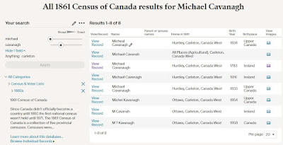 Screen capture of the results from searching the 1861 Census of Canada collection on Ancestry for Michael Cavanagh with the exact keyword of "carleton".