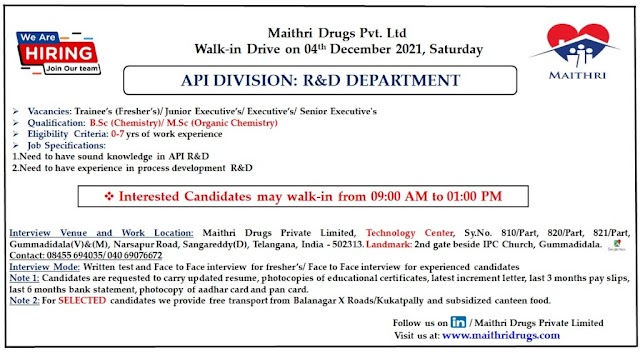 Maithri Drugs | Walk-in for Freshers and Expd on 4th Dec 2021