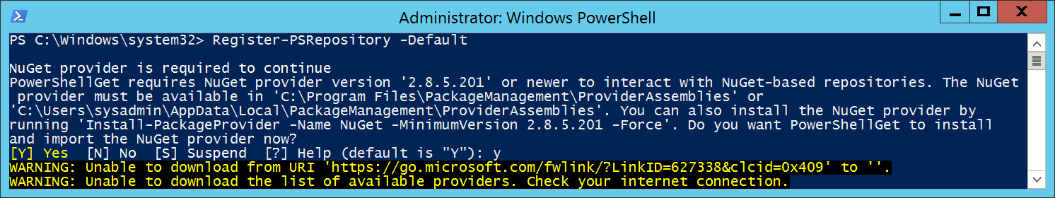 Screenshot showing WARNING: Unable to download from URI 'https://go.microsoft.com/fwlink/?LinkID=627338&clcid=0x409' to ''.