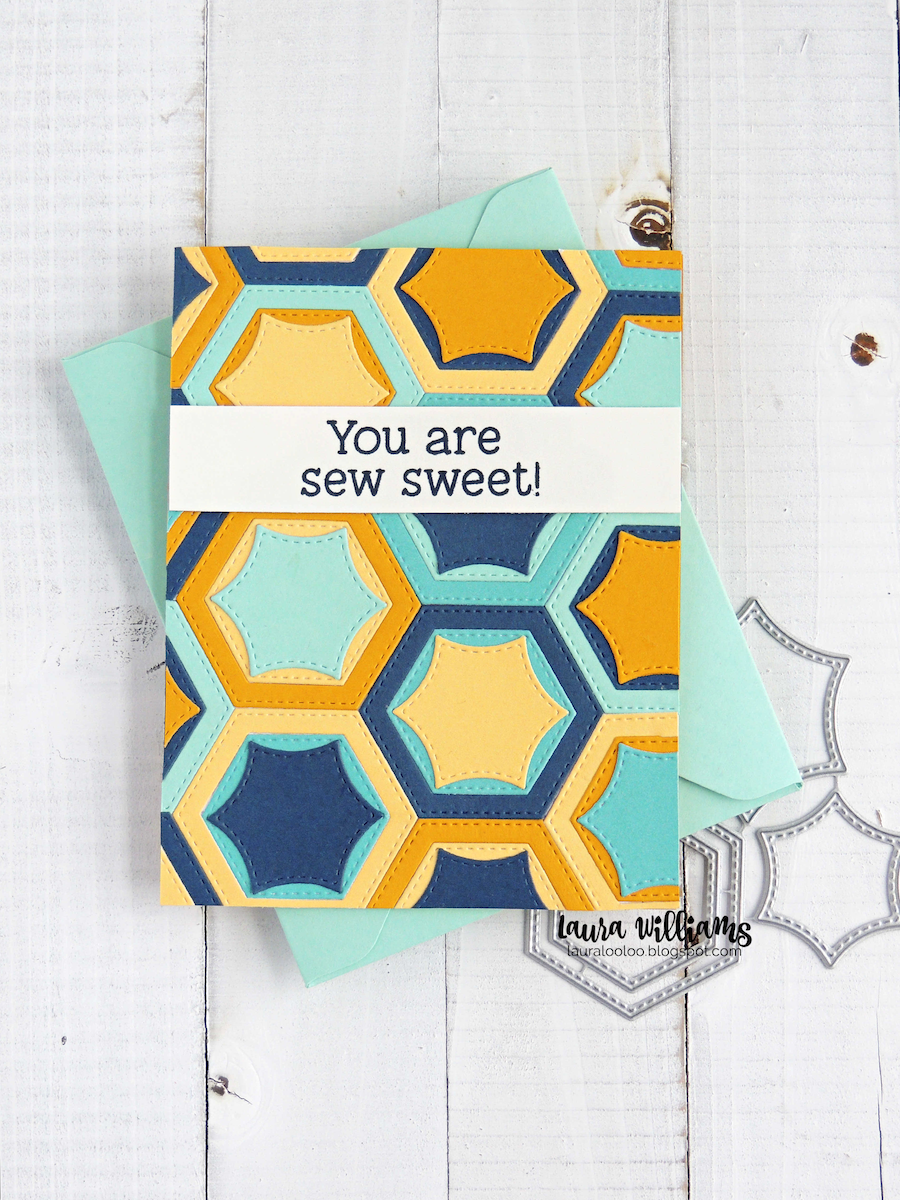 Today's cards feature the Hexagon Quilt Blocks die set. This simple die set has so many possibilities. For today's cards, I die cut a stack of shapes in coordinating colors and then created both cards at the same time, showing two different possibilities with this set. I can't wait to see the other ways you'll use this set to create beautiful quilted backgrounds!