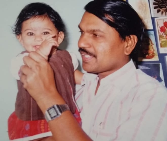 Marathi Actress Mrunmayee Deshpande Rao Childhood Pic with her father Vivek Deshpande | Marathi Actress Mrunmayee Deshpande Rao Childhood Photos | Real-Life Photos