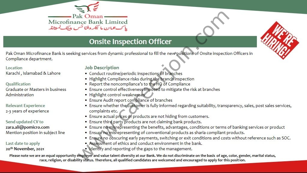 Jobs in Pak Oman Microfinance Bank Limited