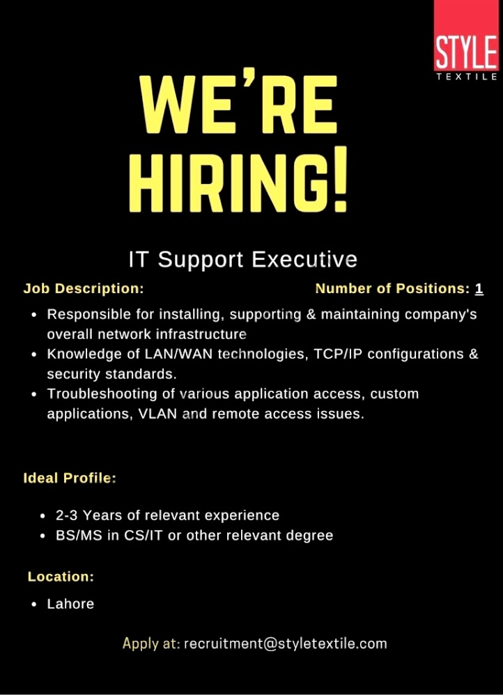 Style Textile Pvt Ltd Latest Jobs IT Support Executive