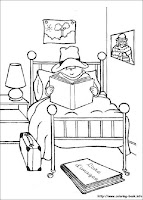Paddington Bear coloring page reading book in bed