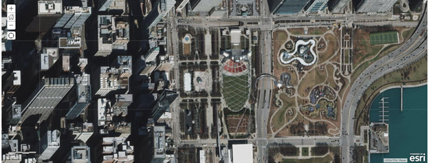 Aerial image of Millenium Park in 2021