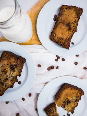 Chocolate chip banana bread with peanut butter filling