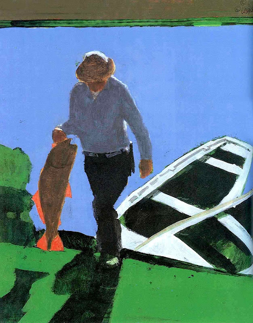 a Robert Cunningham painting of a man carrying a big caught fish from his boat