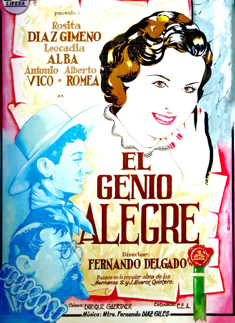 EL GENIO ALEGRE. Cartel. España. Ilustración: Antonio Esteban Lirola. EL GENIO ALEGRE. 1939. España. Dirección: Fernando Delgado. Reparto: Leocadia Alba, Concha Catalá, Lolita Astolfi, Antonio Vico, Fernando Fernández de Córdoba, Alberto Romea, Juan Calvo, Armando Calvo, Pablo Hidalgo, Edmundo Barbero, Erasmo Pascual, Anita Sevilla, Rosita Díaz Gimeno. Del libro EL CINE QUE YO PINTÉ: LOS CARTELES DE ESTEBAN, de Día Editores.