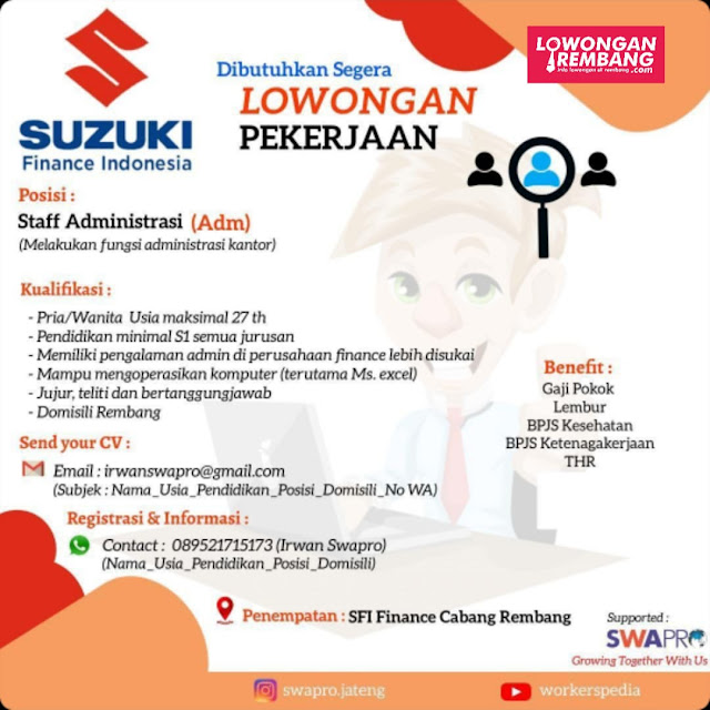 Lowongan Kerja Staff Administrasi PT Suzuki Finance Indonesia Rembang