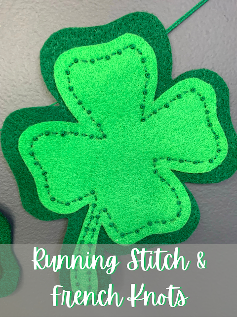 Running stitch and French knot | Lucky Clover Banner - A simple embroidery project for St. Patrick's Day - free video tutorial by Rachel Newson