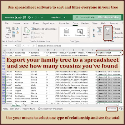 Use Family Tree Analyzer to instantly export all your family tree facts to a spreadsheet. Then sort and filter to see how many types of cousins you've found.