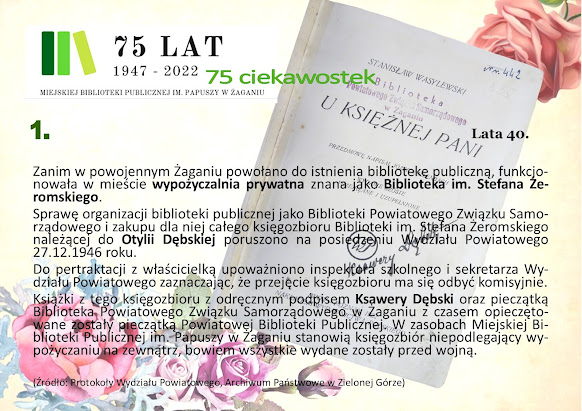 Infografika. Fragment historii Biblioteki. Ciekawostka pierwsza. Lata czterdzieste.