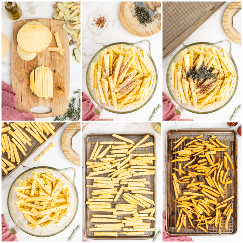 Six photos showing the process of making keto French fries.