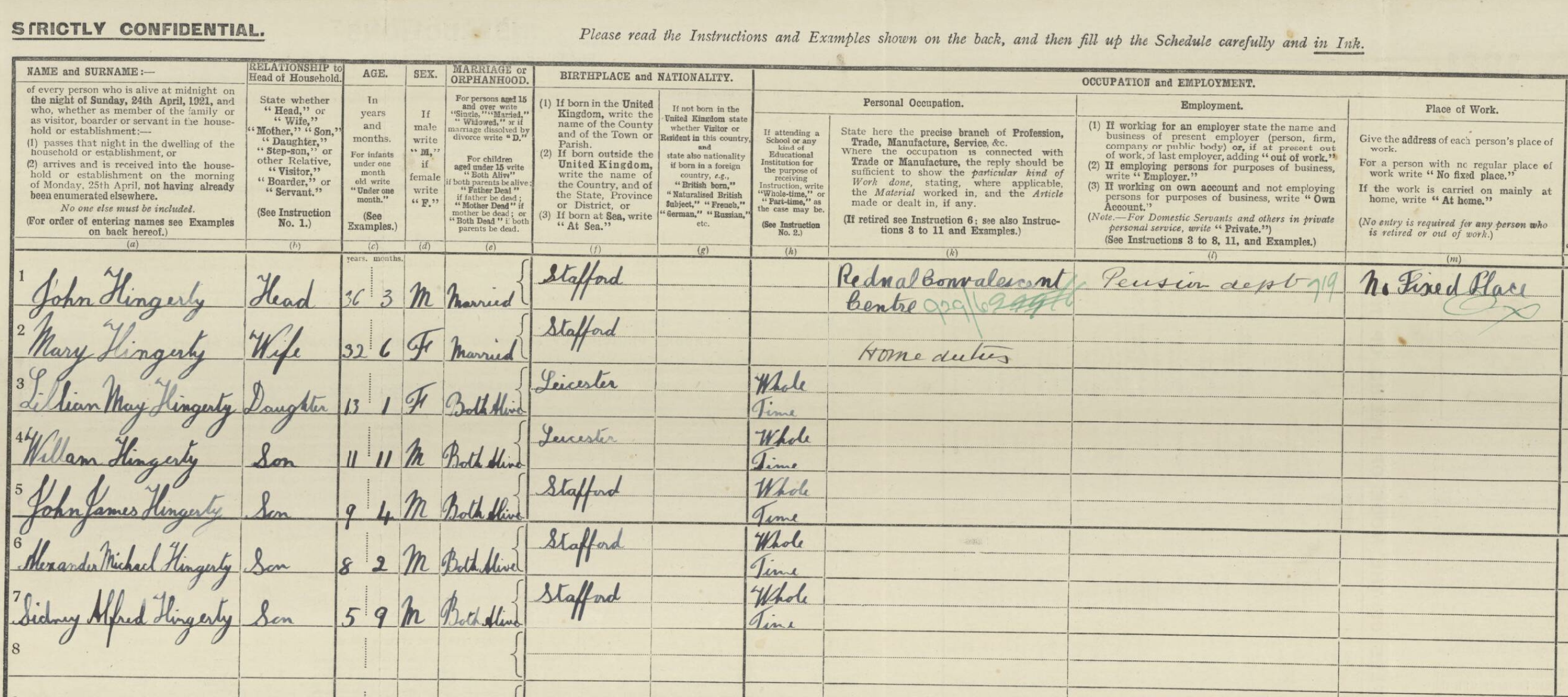 1921 UK Census Hingerty