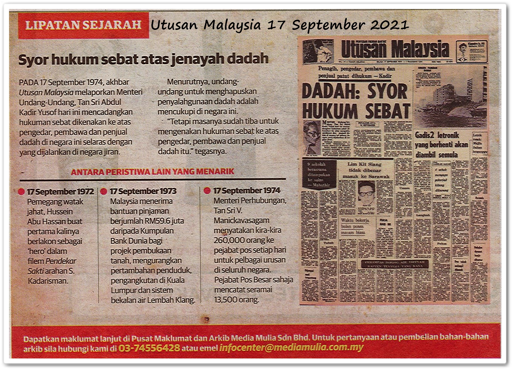 Lipatan sejarah 17 September - Keratan akhbar Utusan Malaysia 17 September 2021