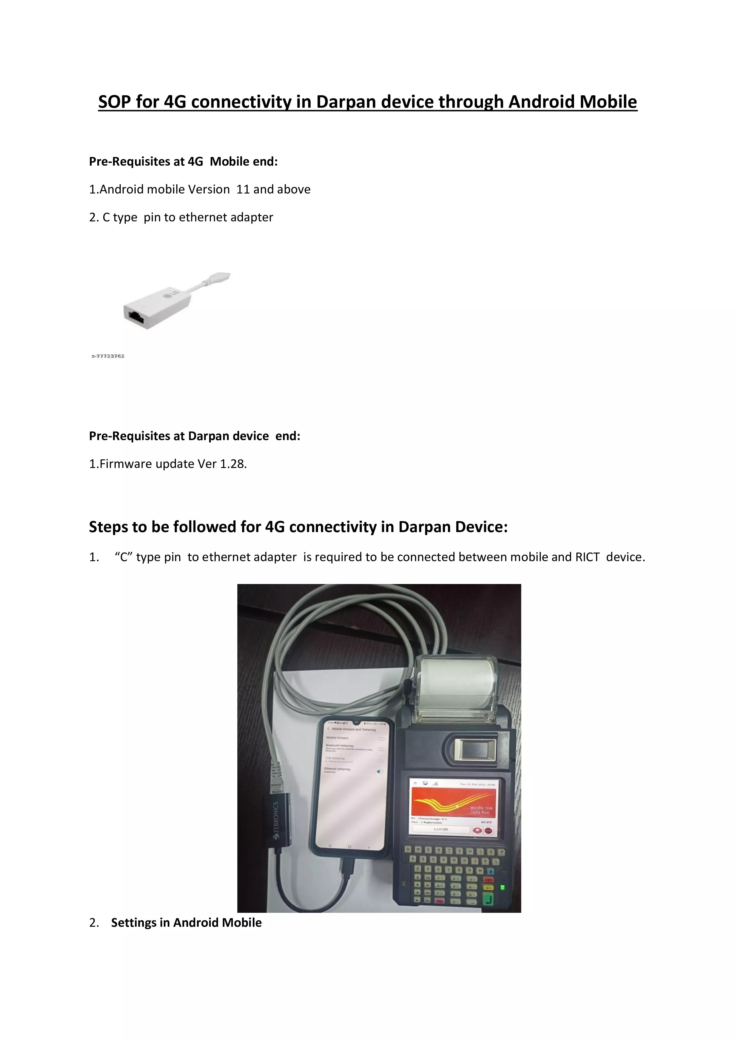 RICT Device 4G Connectivity through Android Mobile Phone using Tethering (Portable Hotspot) | Darpan Device Broadband Connectivity through ethernet SOP/Procedure