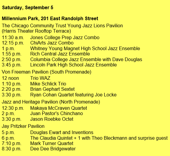 Chicago Jazz Festival Schedule for September 5, 2015