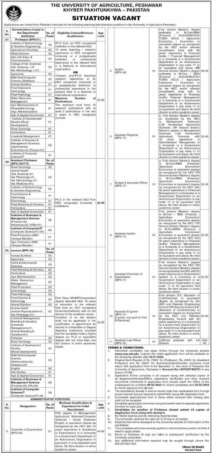  The University of Agriculture Peshawar Jobs January |2022|