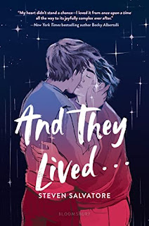 Two teenage boys kissing with their arms around each other, their bodies colored by a gentle gradient from violet to dark pink, framed against a starry sky