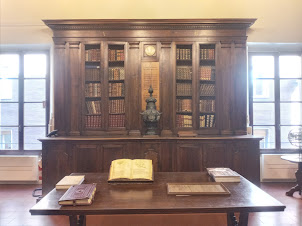 Historic ancient books and manuscripts in Gambalunga library in Rimini.