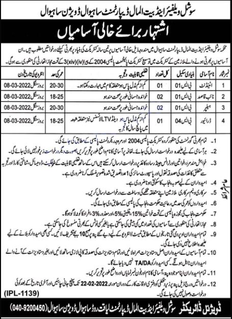 New Government Jobs 2022 in Social Welfare and Bait Ul Maal Department Punjab