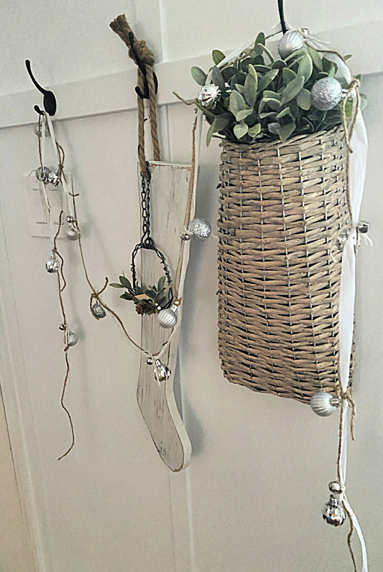 garland, stocking and basket on hooks
