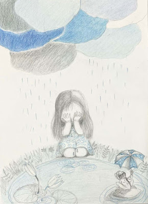 Illustration pencil drawing collage mixed media sadness blue color clouds water lily fish plants rain pliiatsijoonistus segatehnika