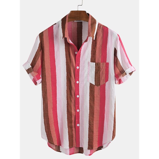 [ j63e36tw35 ] Men Colorful Striped Short Sleeves Lapel Casual Shirt 55072 inUZ