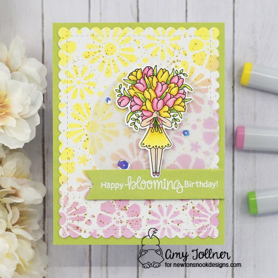 Happy blooming birthday by Amy features Loads of Blooms stamp, Frames & Flags, Circle Frames,  Bold Blooms by Newton's Nook Designs; #inkypaws, #newtonsnook, #flowercards, #cardmaking