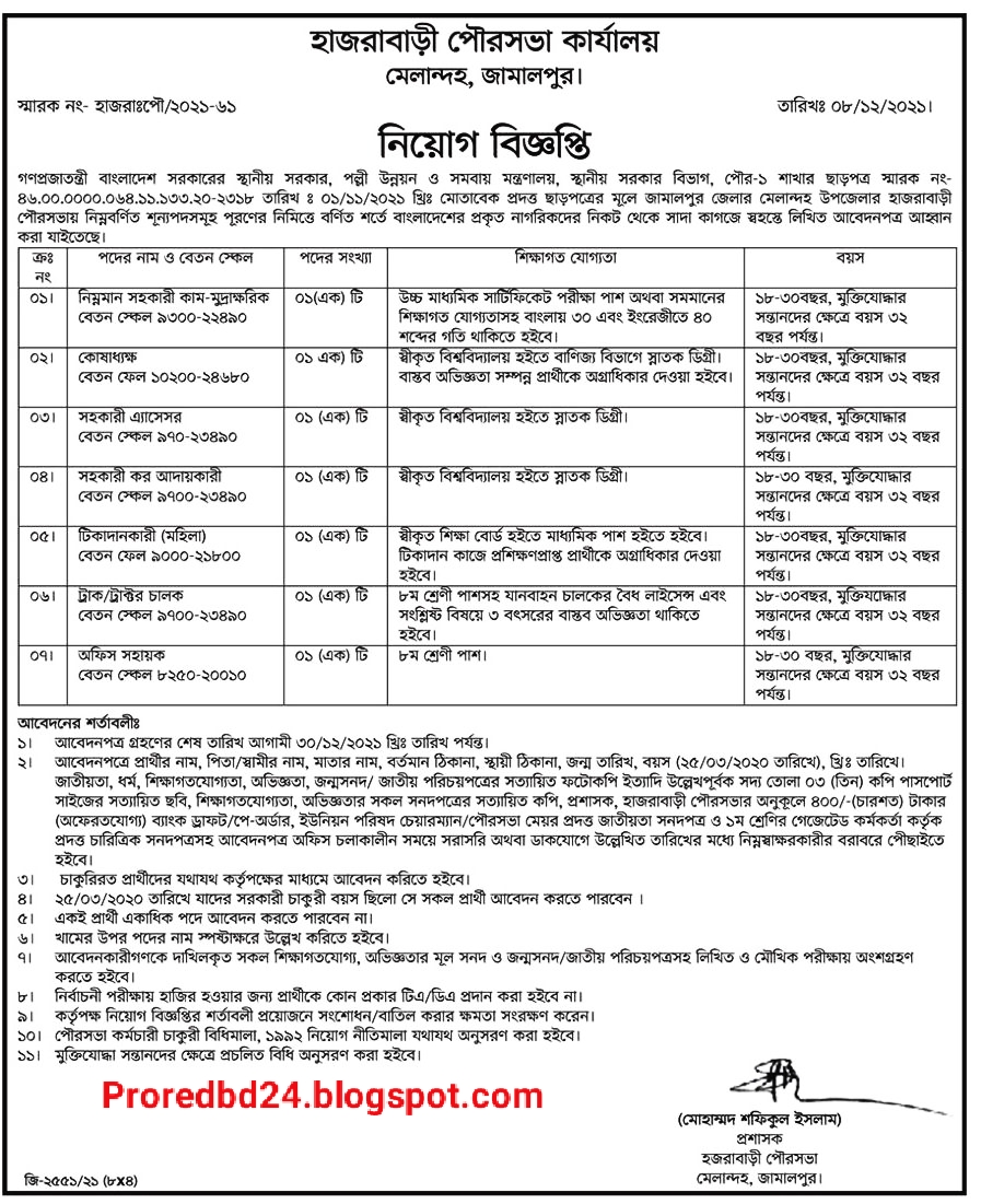 জামালপুর পৌরসভা নিয়োগ বিজ্ঞপ্তি -  Hazrabari jamalpur municipality job circular